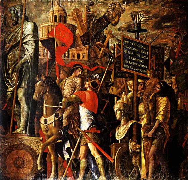 Captured statues and siege equipment, a representation of a captured City and inscriptions (Triumph of Caesar), 1500 - Andrea Mantegna