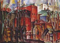 Landscape with dry trees and tall buildings - Aristarkh Lentoulov