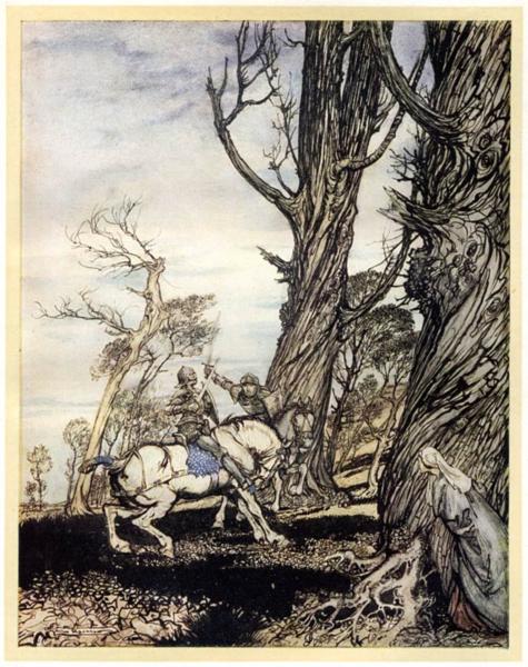 Erec is attacked in the forest by a stranger knight - Arthur Rackham