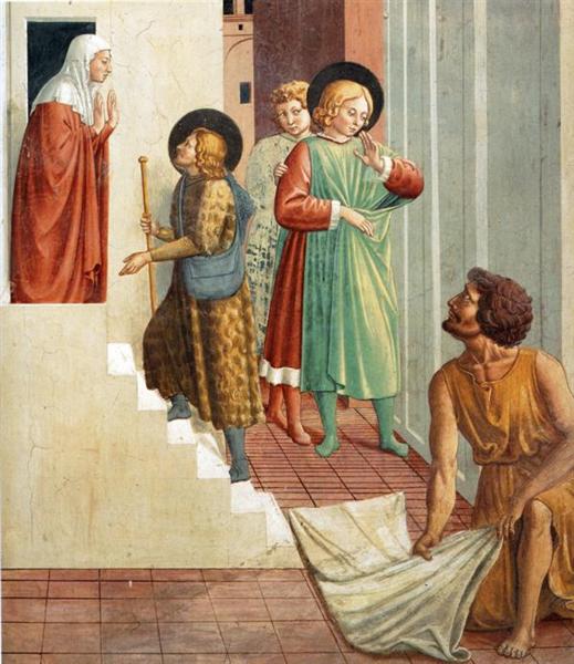 Birth of St. Francis, Prophecy of the Birth by a Pilgrim, Homage of the Simple Man (detail), 1452 - Benozzo Gozzoli