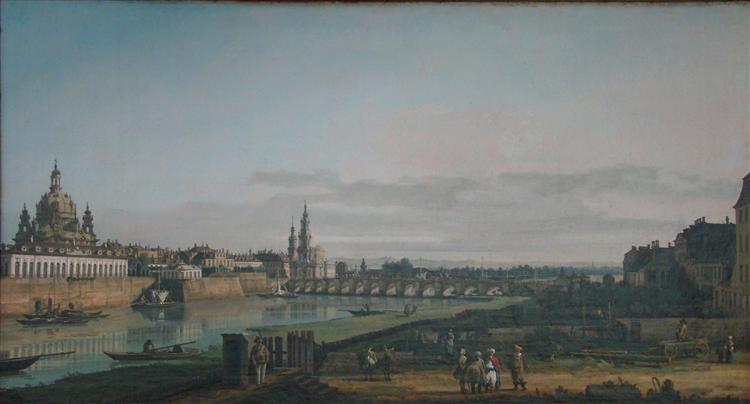 Dresden seen from right bank of the Elbe, below the Augustus Bridge, c.1750 - Бернардо Беллотто