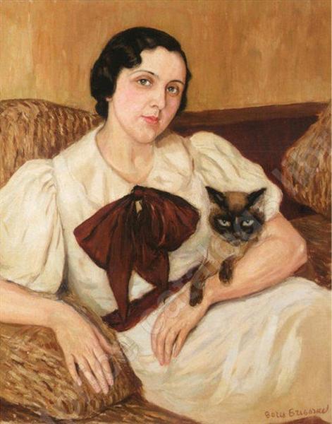 Woman With Cat - Boris Dmitrijewitsch Grigorjew