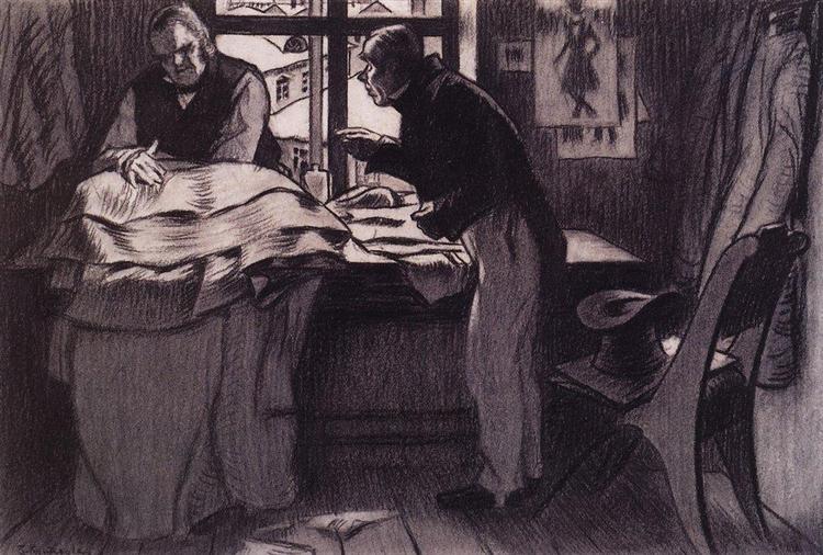 Akaky Akakiyevich visiting Petrovich, 1905 - Boris Michailowitsch Kustodijew