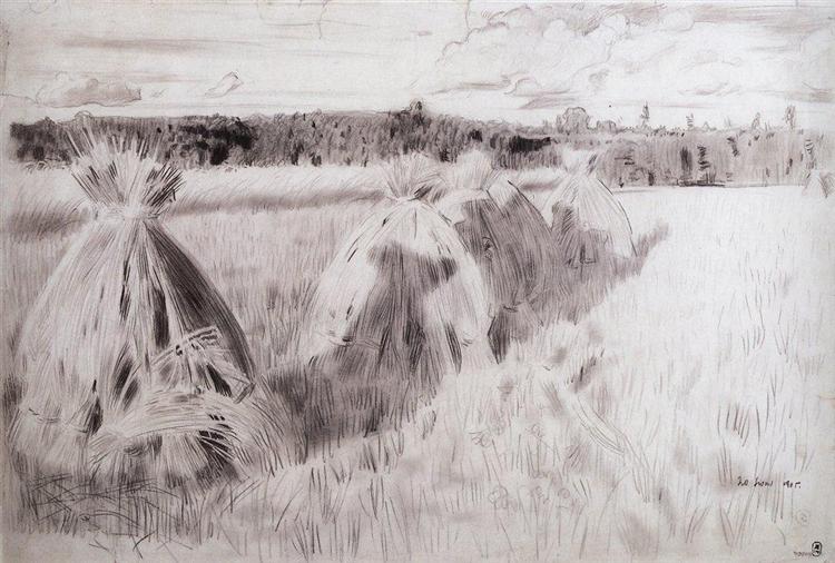Сжатое поле со снопами, 1905 - Борис Кустодиев