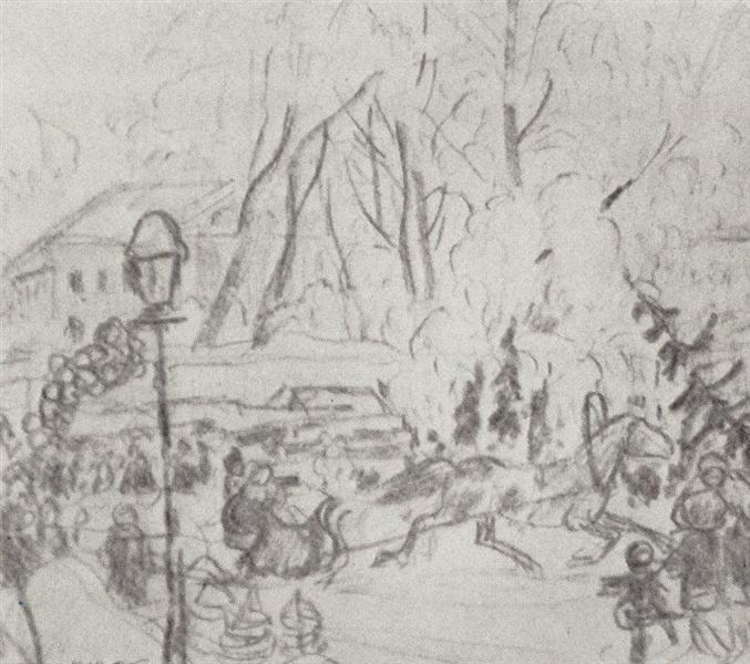 Подготовительный рисунок к картине Елочный торг, 1918 - Борис Кустодиев