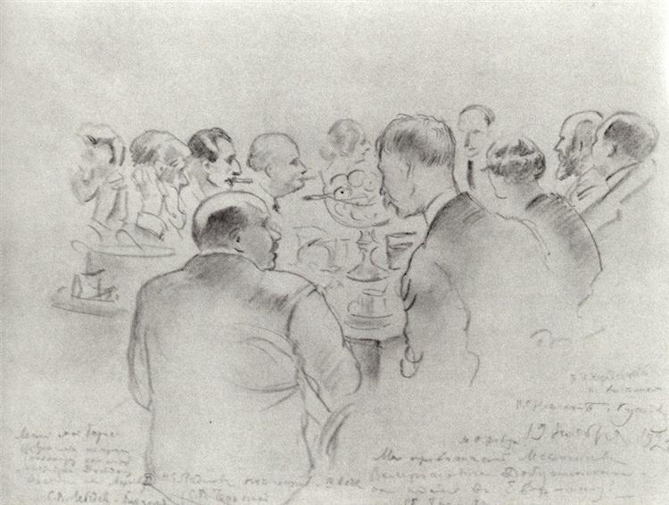 Seeing off M.V. Dobuzhinsky in Europe, 1924 - Boris Kustodiev