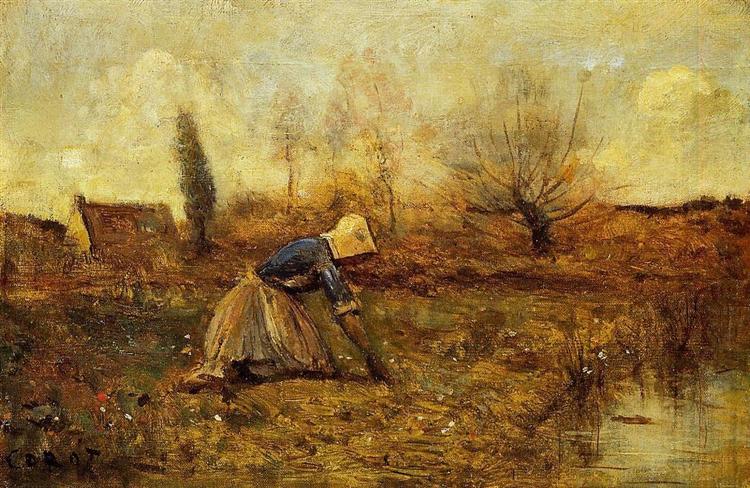 Farmer Kneeling Picking Dandelions, c.1865 - 柯洛
