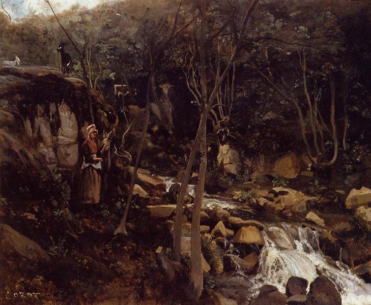 Лорм.  Водопад с крестьянкой, прядущей шерсть, 1842 - Камиль Коро