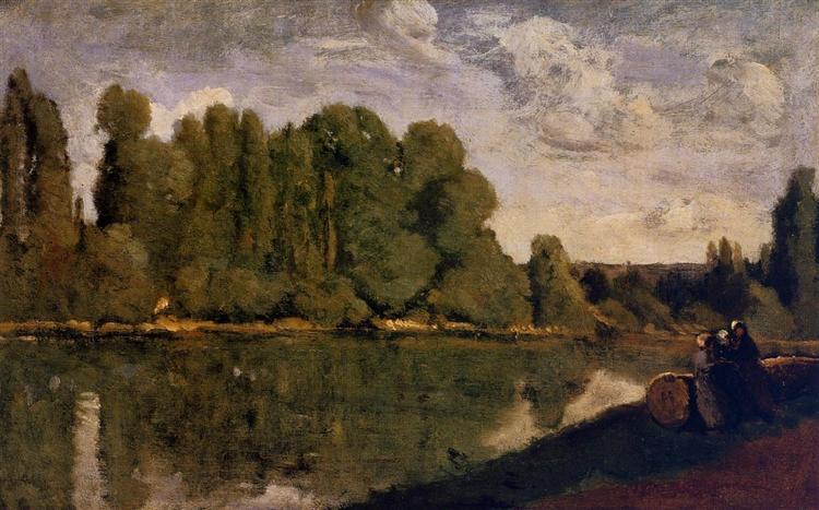 The Rhone Three Women on the Riverbank Seated on a Tree Trunk, c.1850 - c.1855 - Camille Corot