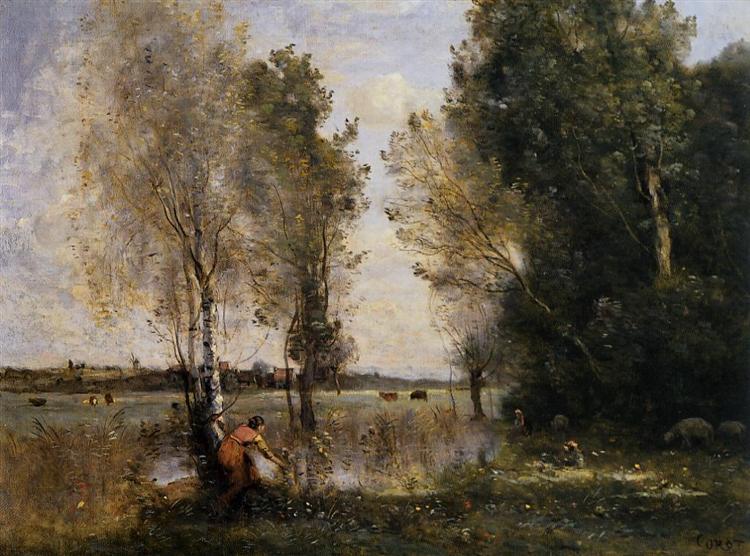 Woman Picking Flowers in a Pasture, c.1855 - c.1860 - Jean-Baptiste Camille Corot
