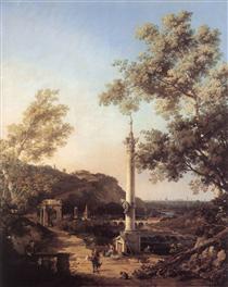 Capriccio : paysage de rivière avec une colonne - Canaletto