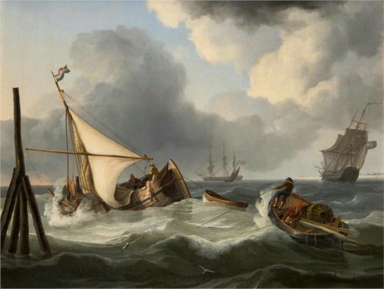 Sailboats and fishing boats on a choppy lake - Charles Martin Powell