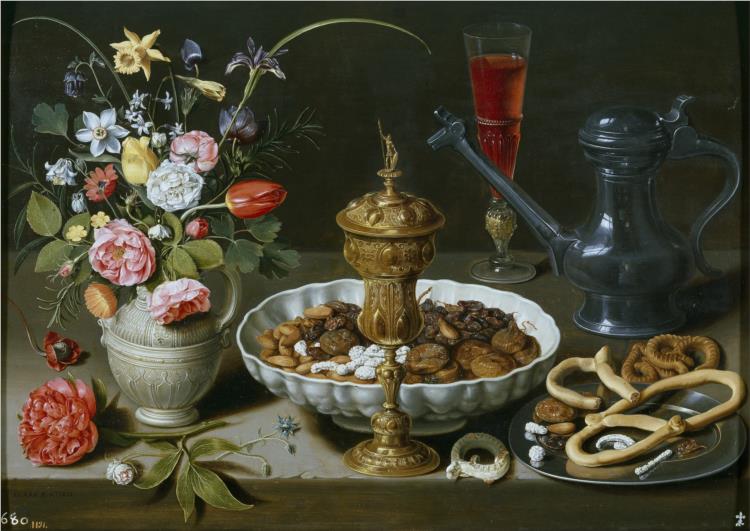 Натюрморт з горіхами, цукерками та квітами, 1611 - Клара Петерс