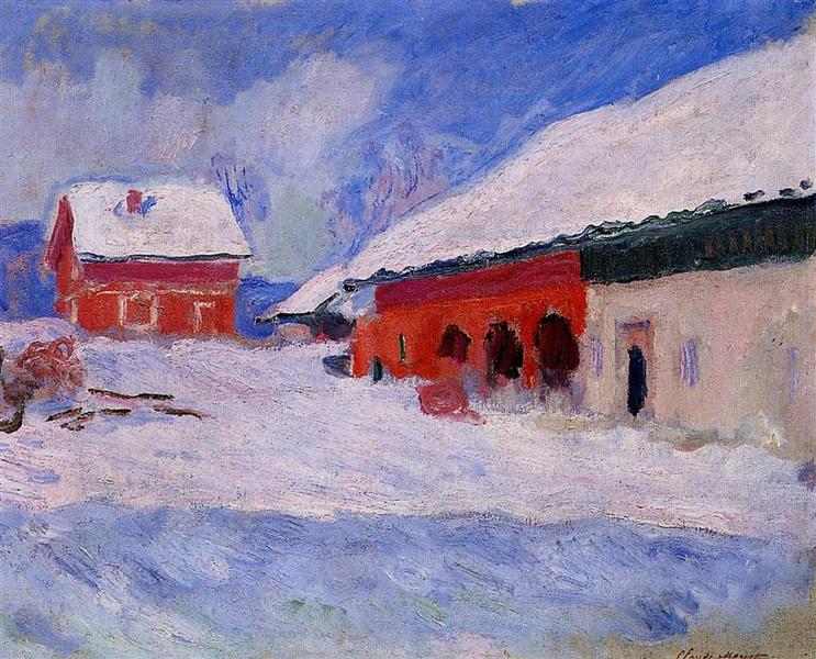 Красные дома Бьорнегаарда в снегу. Норвегия, 1895 - Клод Моне