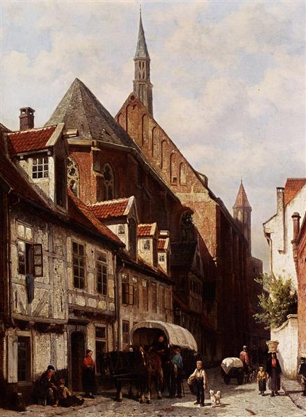 A Busy Street In Bremen With The Saint Johann Church In The Background, 1864 - Cornelius Springer