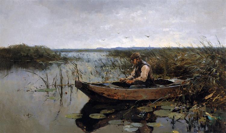 Fisherman on a poldercanal - Cornelis Vreedenburgh
