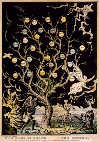 Devil watering tree of sins and skeleton about to chop it down, 1845 - Курр'є та Айвз