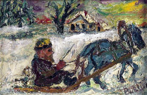 Russian Man on Sled Pulled by Horse, c.1940 - Давид Бурлюк