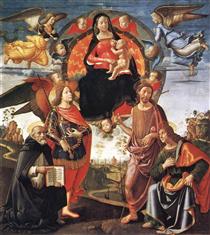 Maria mit Kind, den heiligen Dominikus, Johannes dem Täufer und Johannes Evangelista - Domenico Ghirlandaio