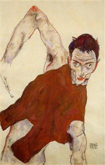 Self portrait in a jerkin with right elbow raised - Egon Schiele
