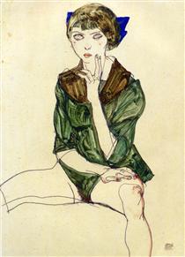 Sitting Woman in a Green Blouse - 席勒