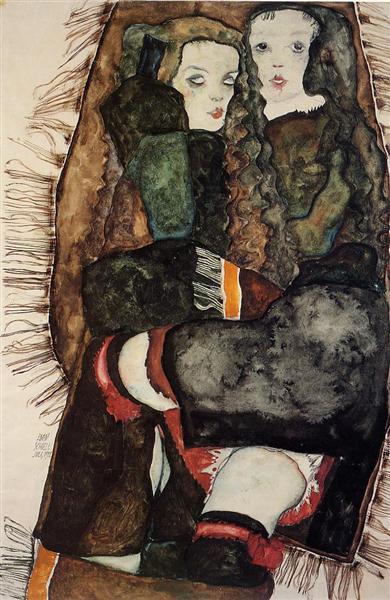Дві дівчини на ковдрі з бахромою, 1911 - Егон Шиле