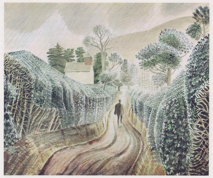 WET AFTERNOON. View of the Church of St. Mary, Capel-y-ffin, Powys, c.1938 - Eric Ravilious