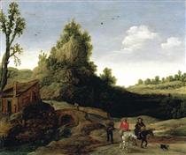 A landscape with travellers crossing a bridge before a small dwelling - Эсайас ван де Вельде