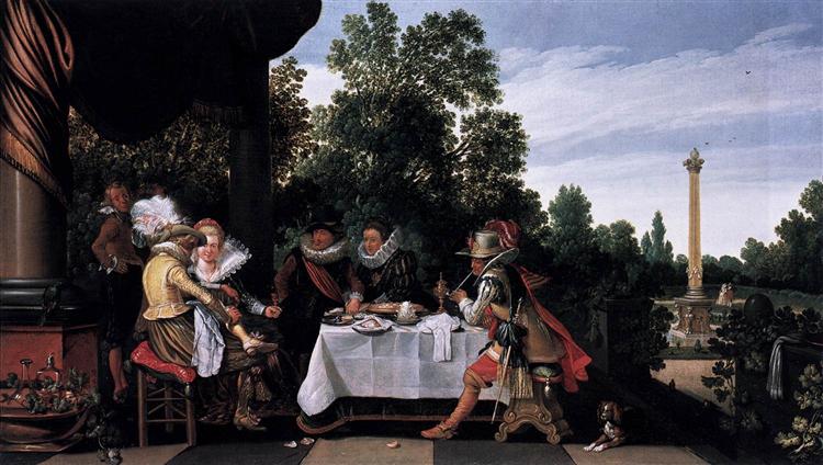 Merry company banqueting on a terrace, c.1615 - Эсайас ван де Вельде