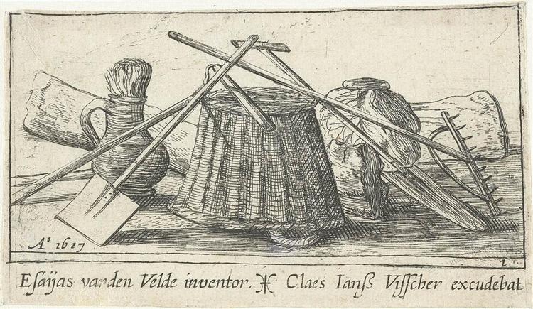 Title page with  tools for cultivating the land, c.1617 - Esaias van de Velde l'Ancien