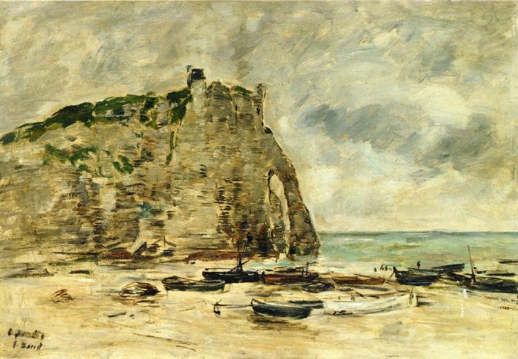 Etretat, Beached Boats and the Cliff of Aval, c.1892 - Eugene Boudin