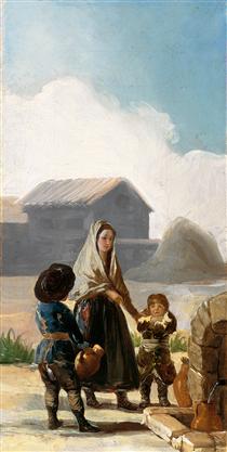 A woman and two children by a fountain - Francisco de Goya