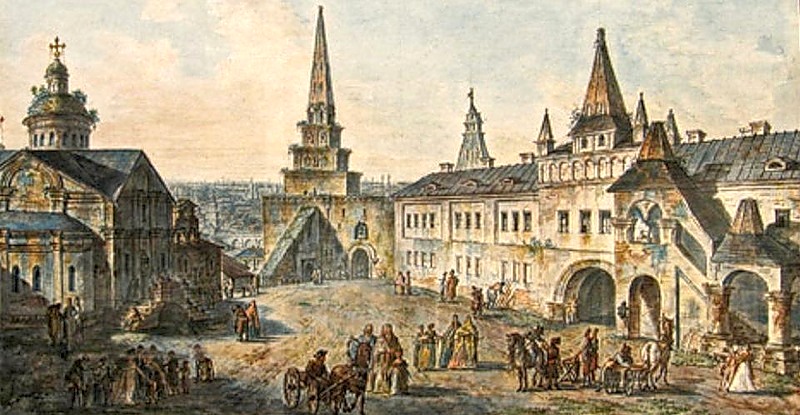 https://uploads1.wikiart.org/images/fyodor-alekseyev/church-of-st-john-the-baptist-borovitskaya-tower-and-stablings-prikaz-department-in-the-kremlin.jpg