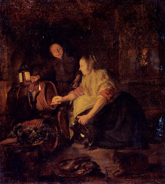 A Woman Drawing Wine from a Barrel, 1658 - Габриель Метсю