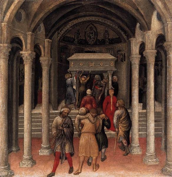 Quaratesi Altarpiece, Pilgrims at the Tomb of St.Nicholas of Bari, 1425 - Джентиле да Фабриано