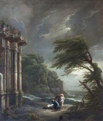 Stormy Seashore with Ruined Temple, Shipwreck, and Figures - Джордж Ламберт