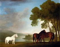 Two Bay Mares And a Grey Pony In a Landscape - Джордж Стаббс