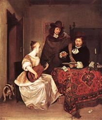 A Young Woman Playing a Theorbo to Two Men - Gerard Terborch