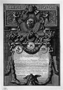 According to Cover Up the papal coat of arms, under a large cartouche garlanded with a dedication to Pope Clement XIII - Giovanni Battista Piranesi