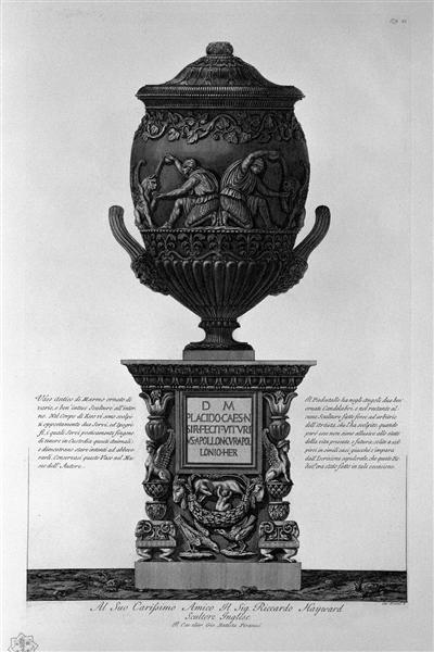 Antique vase of marble with kneeling figures drinking from hippogryphs, with chandeliers and a pedestal corner - Giovanni Battista Piranesi