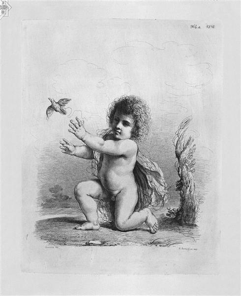 Cherub kneeling releasing a bird by Guercino - 皮拉奈奇