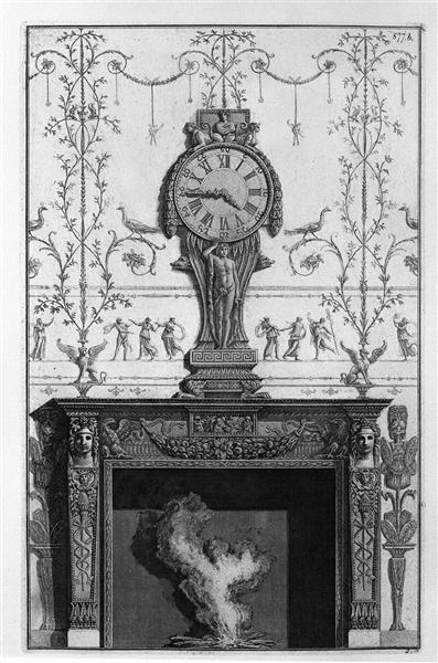 Fireplace: In a garland frieze between two eagles above the plane of a clock - 皮拉奈奇