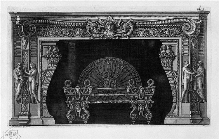 Fireplace: in the frieze rython to two horse heads, hips 4 caryatids - Giovanni Battista Piranesi
