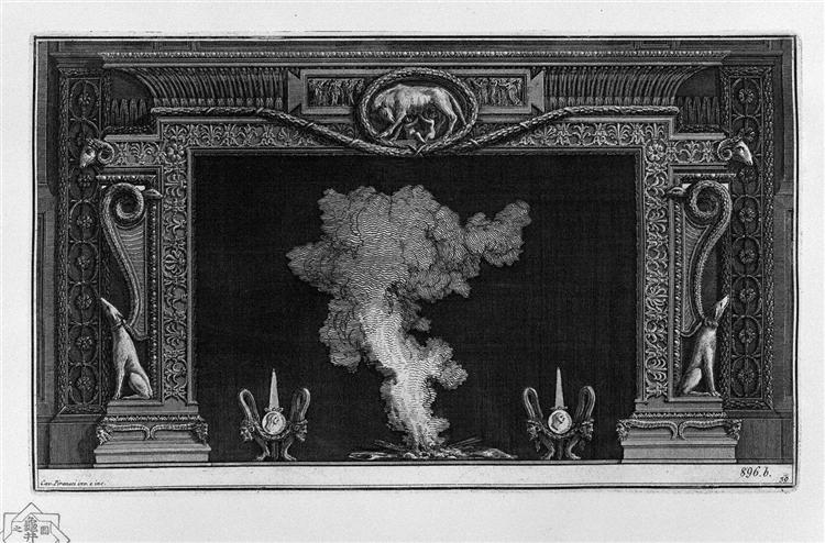 Fireplace, two greyhounds, squatting, on the sides, and the Roman she-wolf in the frieze - Giovanni Battista Piranesi