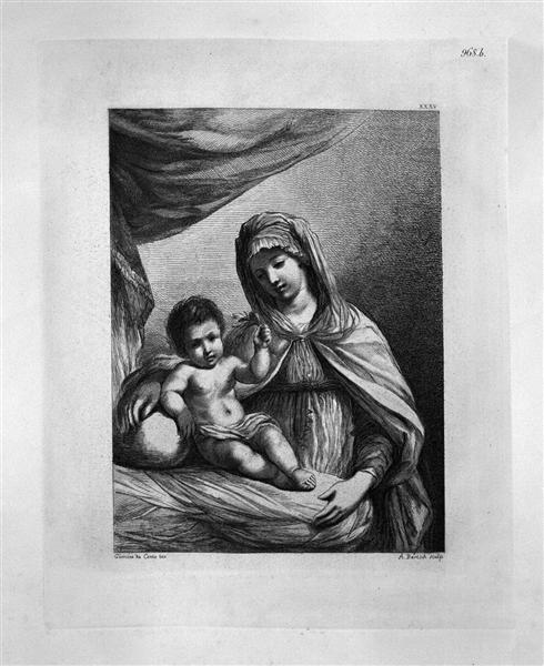 The Virgin standing, half-length, with the Child Jesus holding a flower, by Guercino - Джованні Баттіста Піранезі