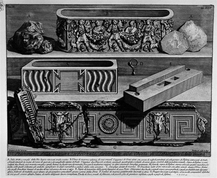The Roman antiquities, t. 2, Plate XLV. Fragments of the burial chamber opposite the Church of St. Sebastian outside the walls (figures carved from Barbault). - Giovanni Battista Piranesi