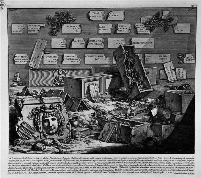The Roman antiquities, t. 3, Plate XXX. Inscriptions, sarcophagi and other objects found in burial chambers earlier, etc.. - Giovanni Battista Piranesi