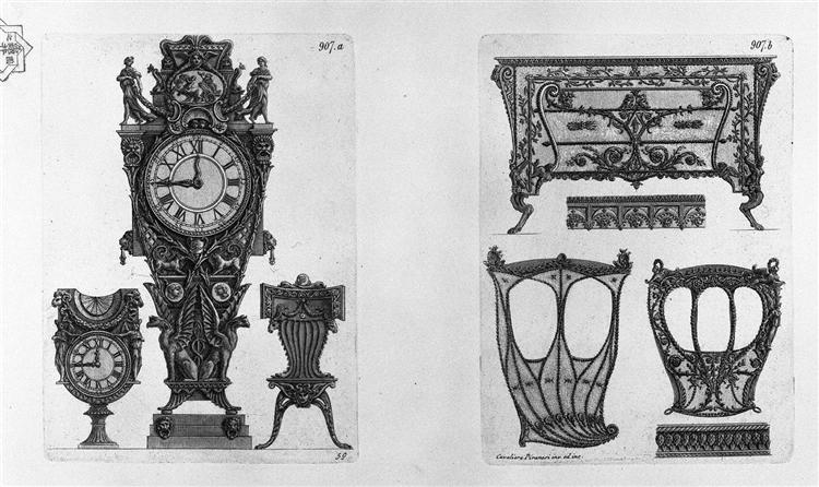 Two clocks and a chair Two sides of the sedan, and a chest - Джованни Баттиста Пиранези
