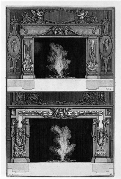 Two fireplaces overlapping: the inf with Medusa heads between two swans, with the support heads of Aries - Giovanni Battista Piranesi
