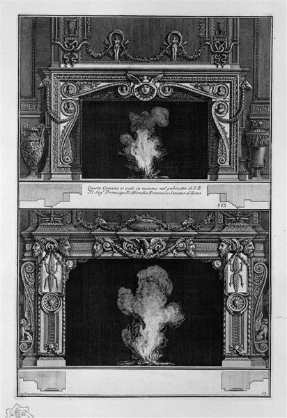 Two fireplaces overlapping: the support with a mask of Medusa in a shell, the inf with an eagle in profile and heads of satyrs with garlands - 皮拉奈奇